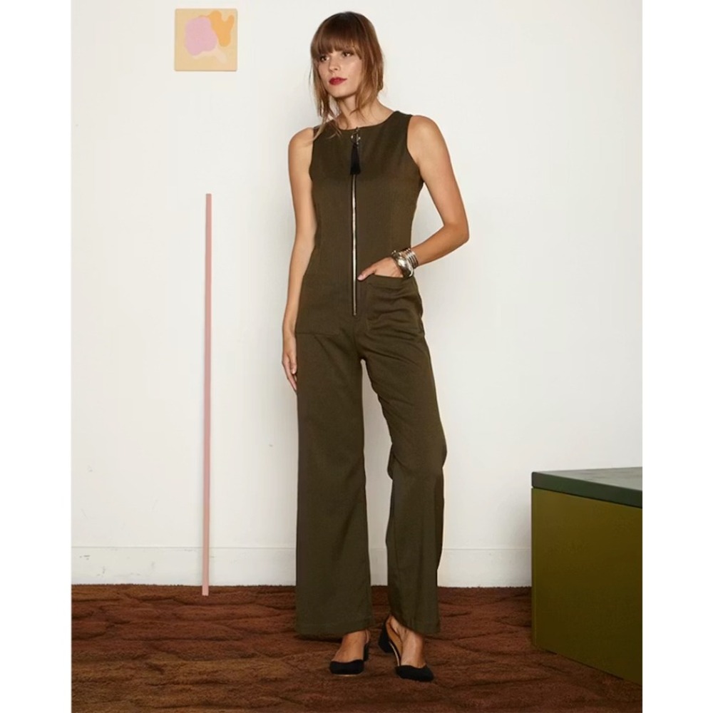 STAUD The‎ Ziggy Jumpsuit Women Olive Green Front Zip Sleeveless Wide Leg Retro
